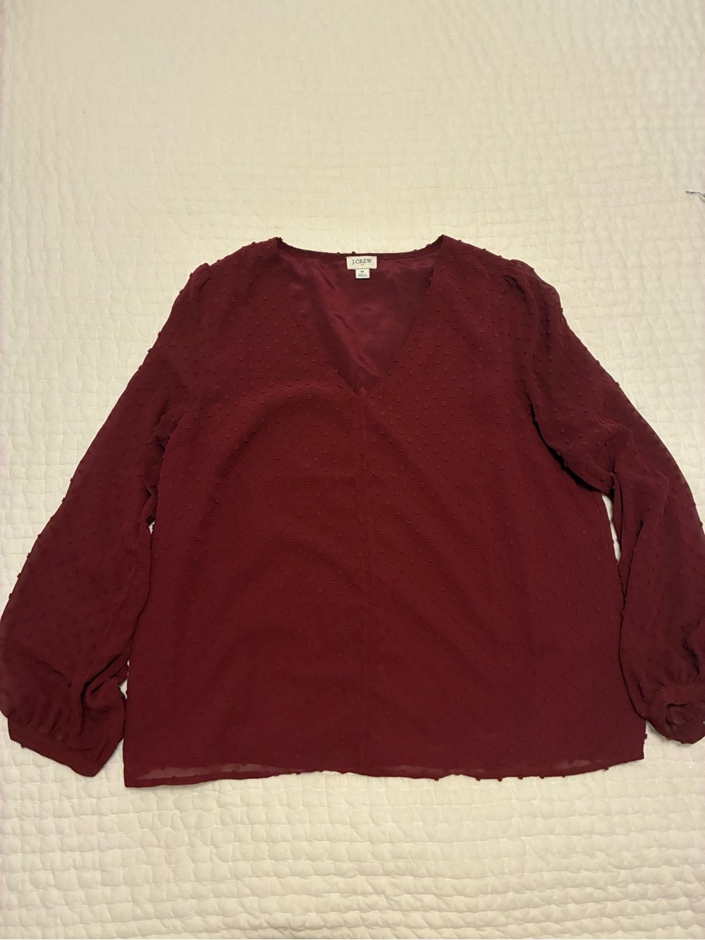 J. Crew Factory Burgundy V-Neck Long-Sleeve Dot-Texture Blouse